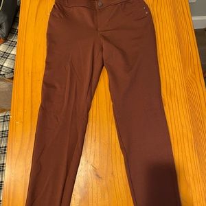 Dark maroon slacks, full length
